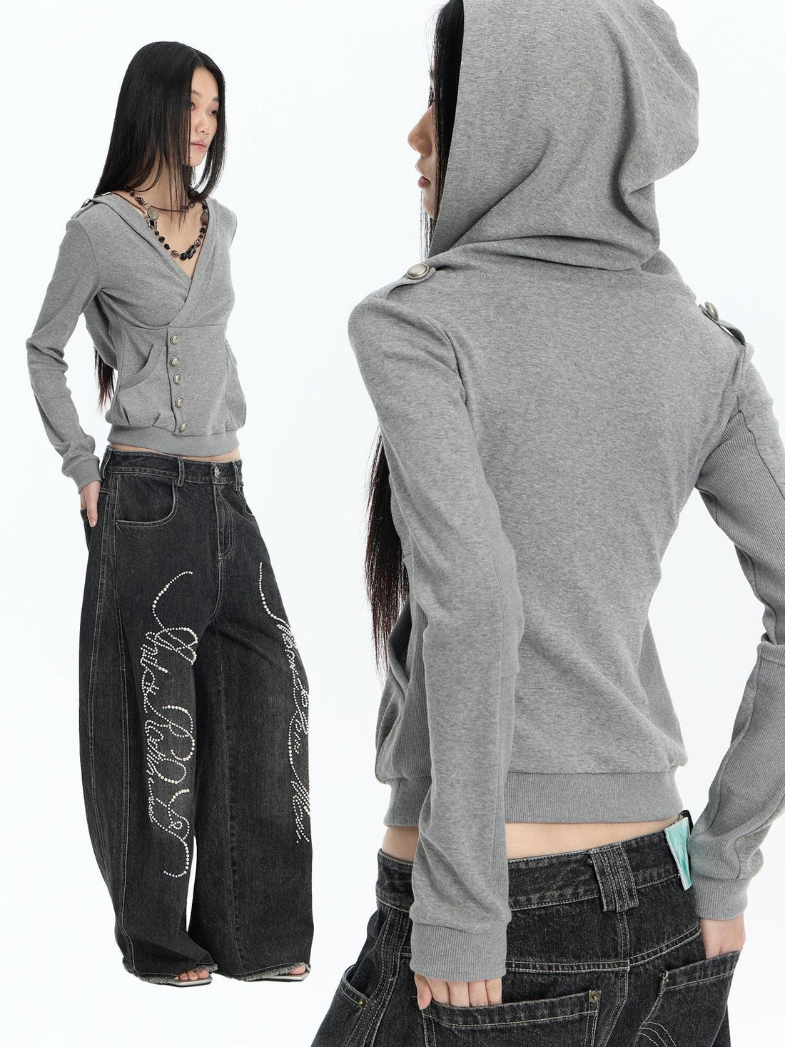 FayChui Slim Fit Cross V-neck Buttoned Hooded Women&