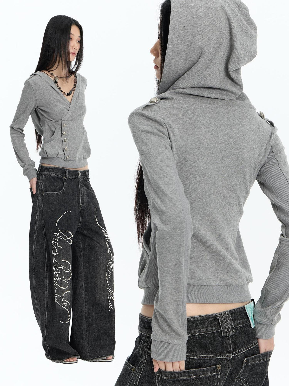 FayChui Slim Fit Cross V-neck Buttoned Hooded Women&