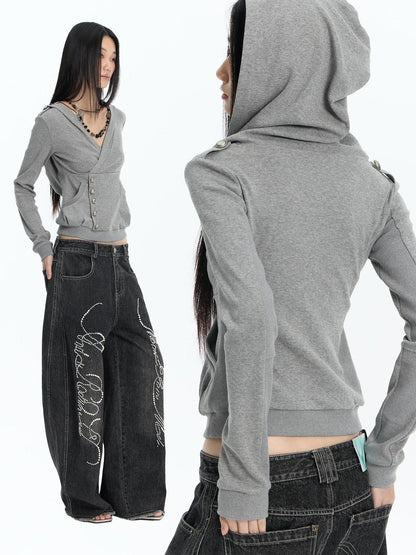 FayChui Slim Fit Cross V-neck Buttoned Hooded Women&