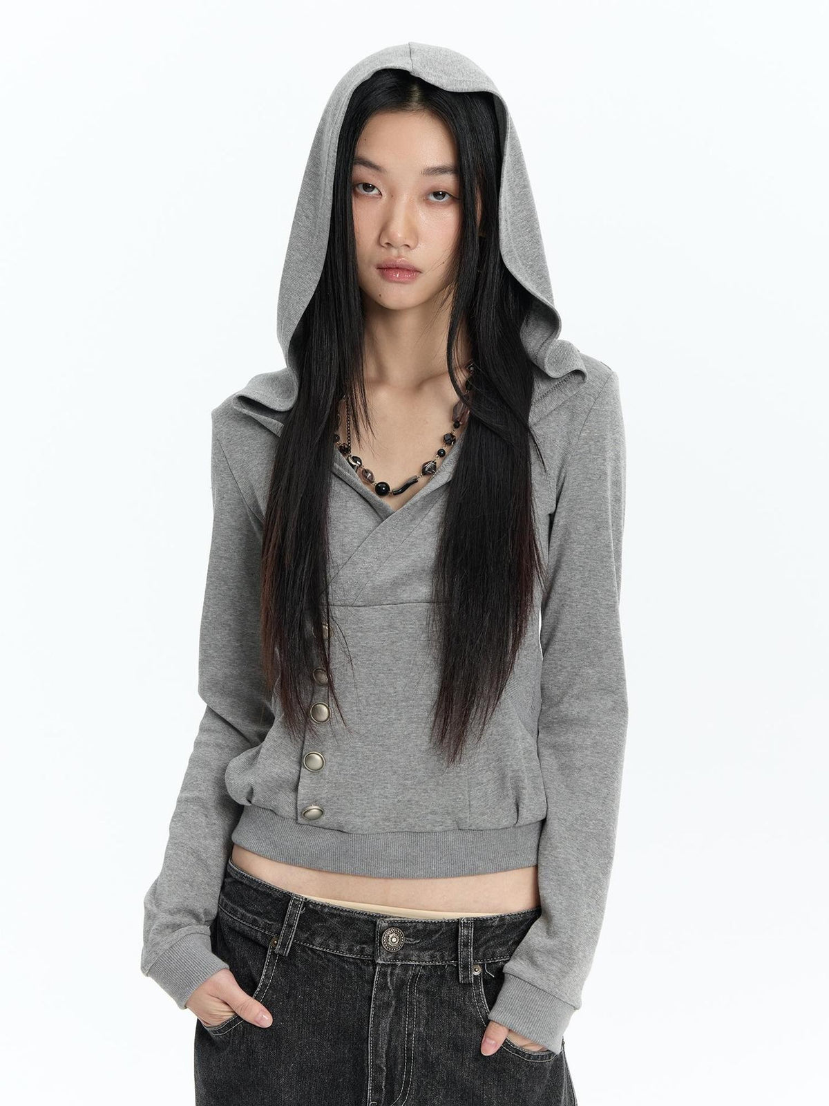 FayChui Slim Fit Cross V-neck Buttoned Hooded Women&