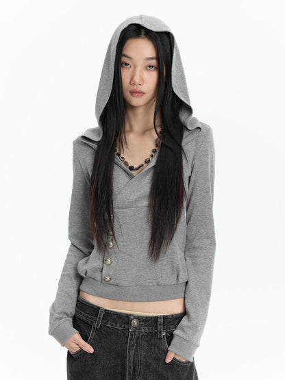 FayChui Slim Fit Cross V-neck Buttoned Hooded Women&