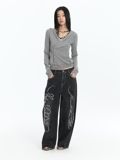 FayChui Slim Fit Cross V-neck Buttoned Hooded Women&
