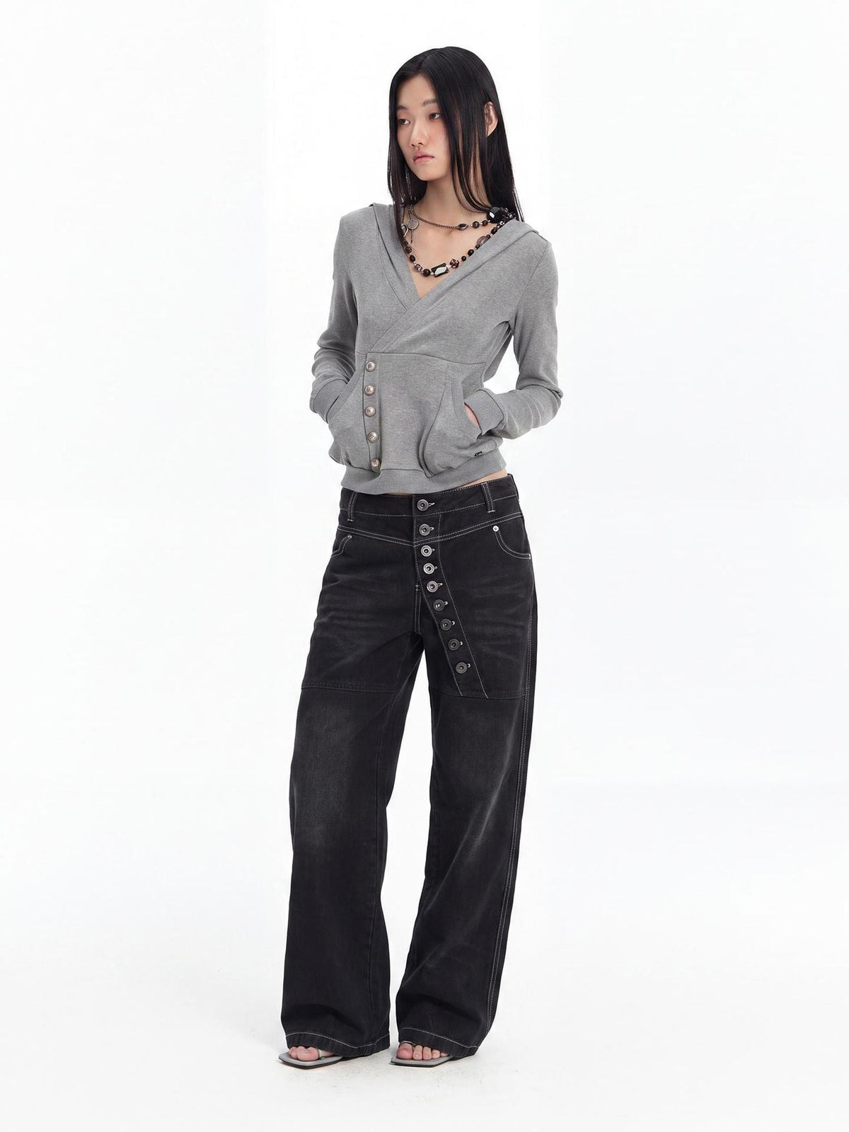 FayChui Slim Fit Cross V-neck Buttoned Hooded Women&