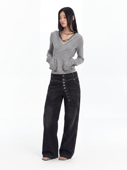 FayChui Slim Fit Cross V-neck Buttoned Hooded Women&