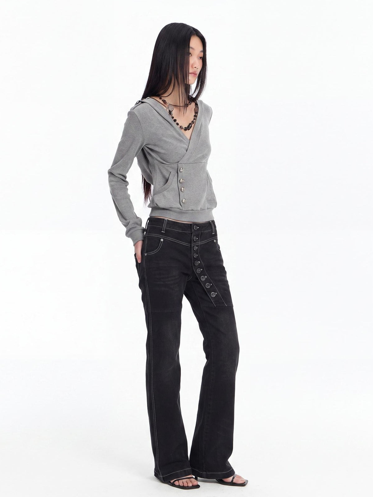 FayChui Slim Fit Cross V-neck Buttoned Hooded Women&