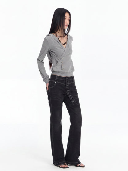 FayChui Slim Fit Cross V-neck Buttoned Hooded Women&