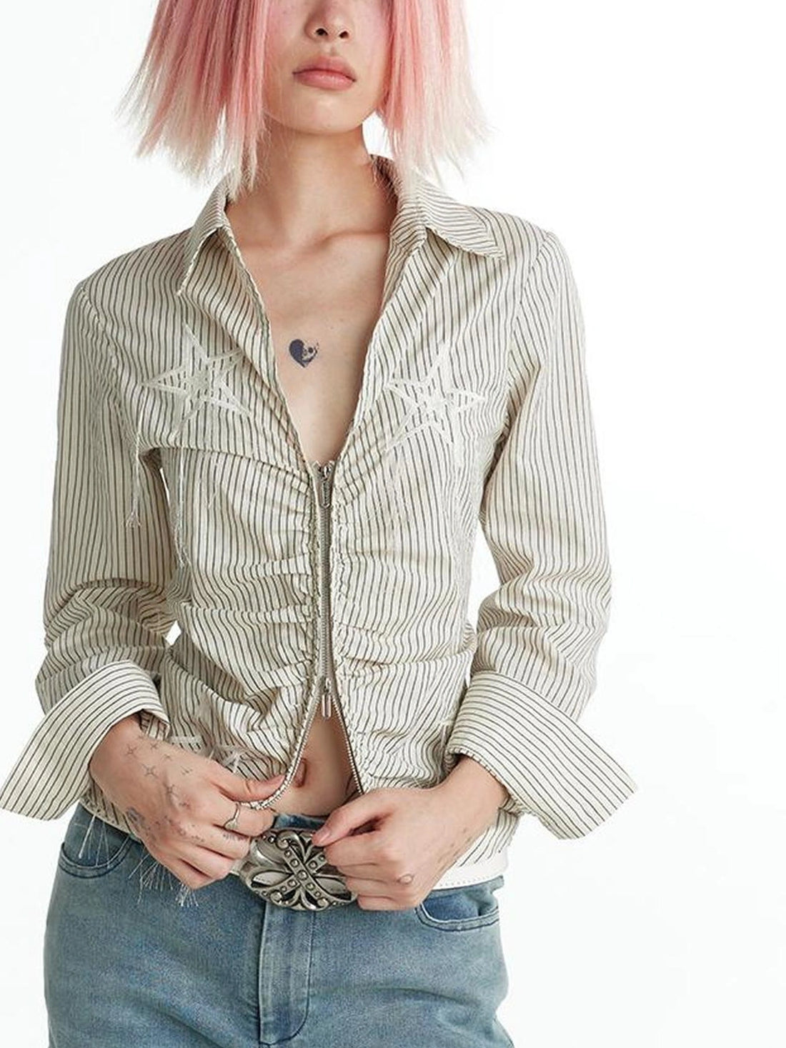 FayChui  Slim Fit Star Embroidery Ruffle Hem Striped Shirt