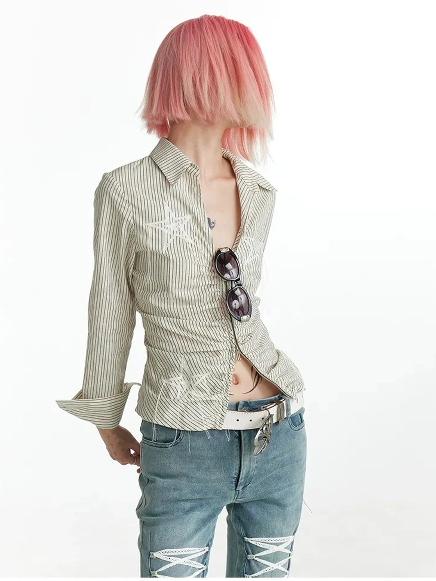 FayChui  Slim Fit Star Embroidery Ruffle Hem Striped Shirt