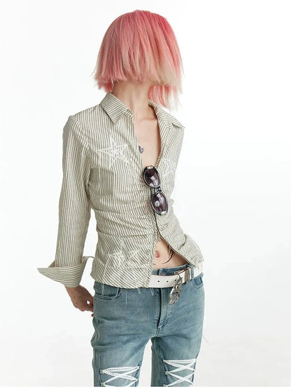 FayChui  Slim Fit Star Embroidery Ruffle Hem Striped Shirt