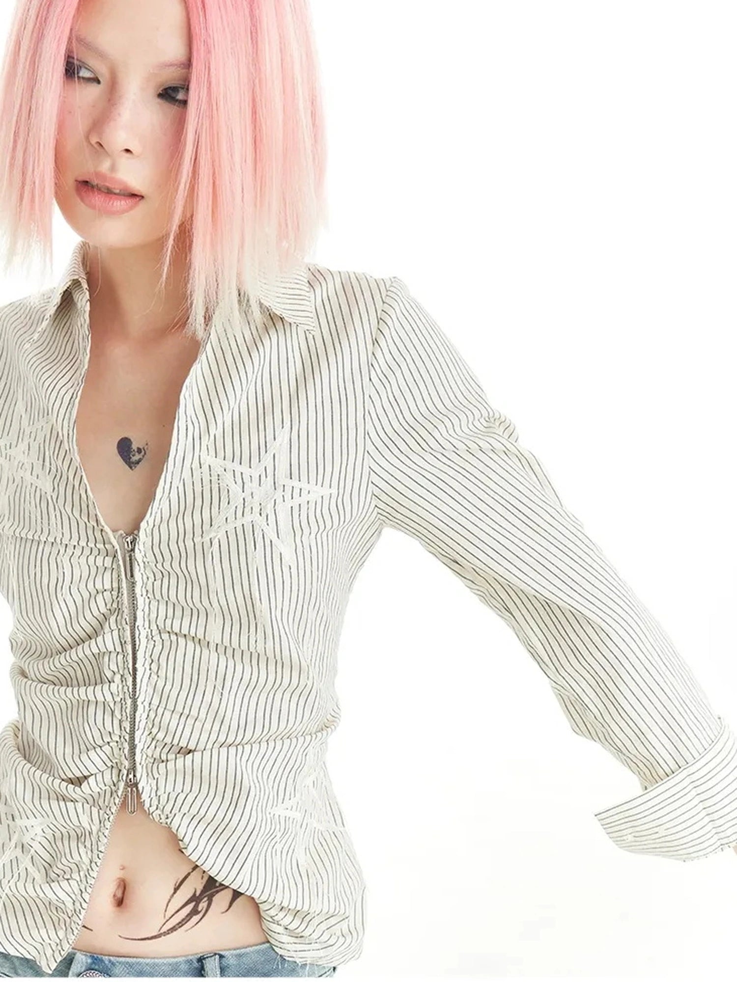 FayChui  Slim Fit Star Embroidery Ruffle Hem Striped Shirt