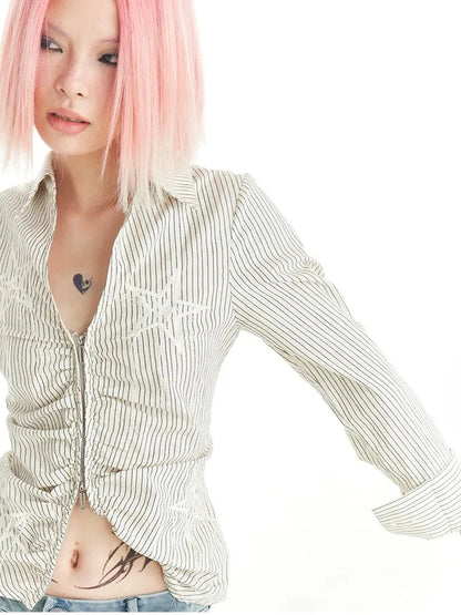 FayChui  Slim Fit Star Embroidery Ruffle Hem Striped Shirt