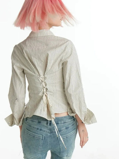 FayChui  Slim Fit Star Embroidery Ruffle Hem Striped Shirt