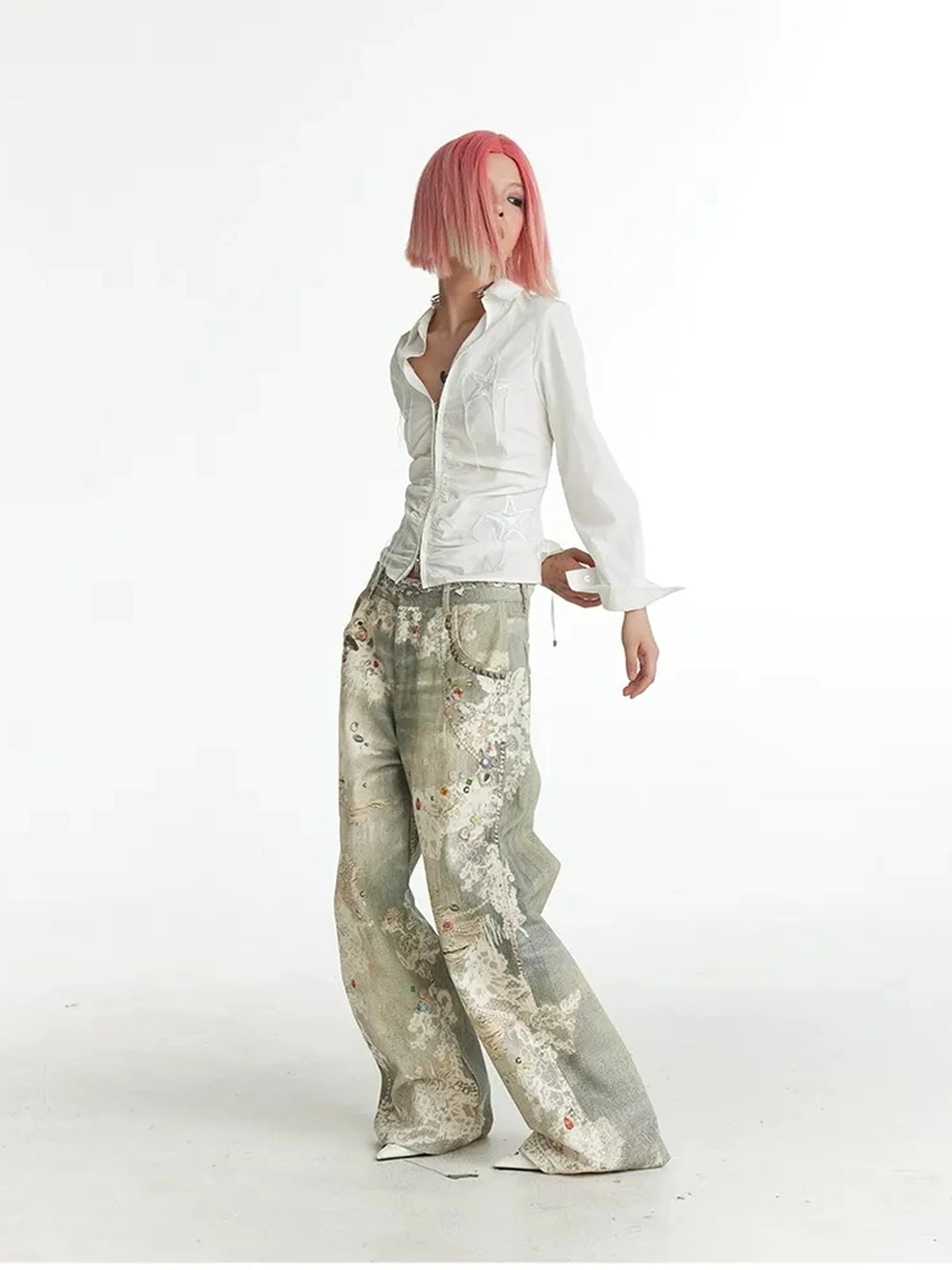 FayChui  Slim Fit Star Embroidery Ruffle Hem Striped Shirt