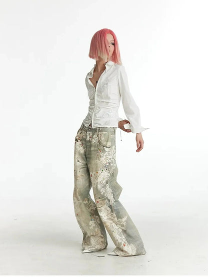 FayChui  Slim Fit Star Embroidery Ruffle Hem Striped Shirt