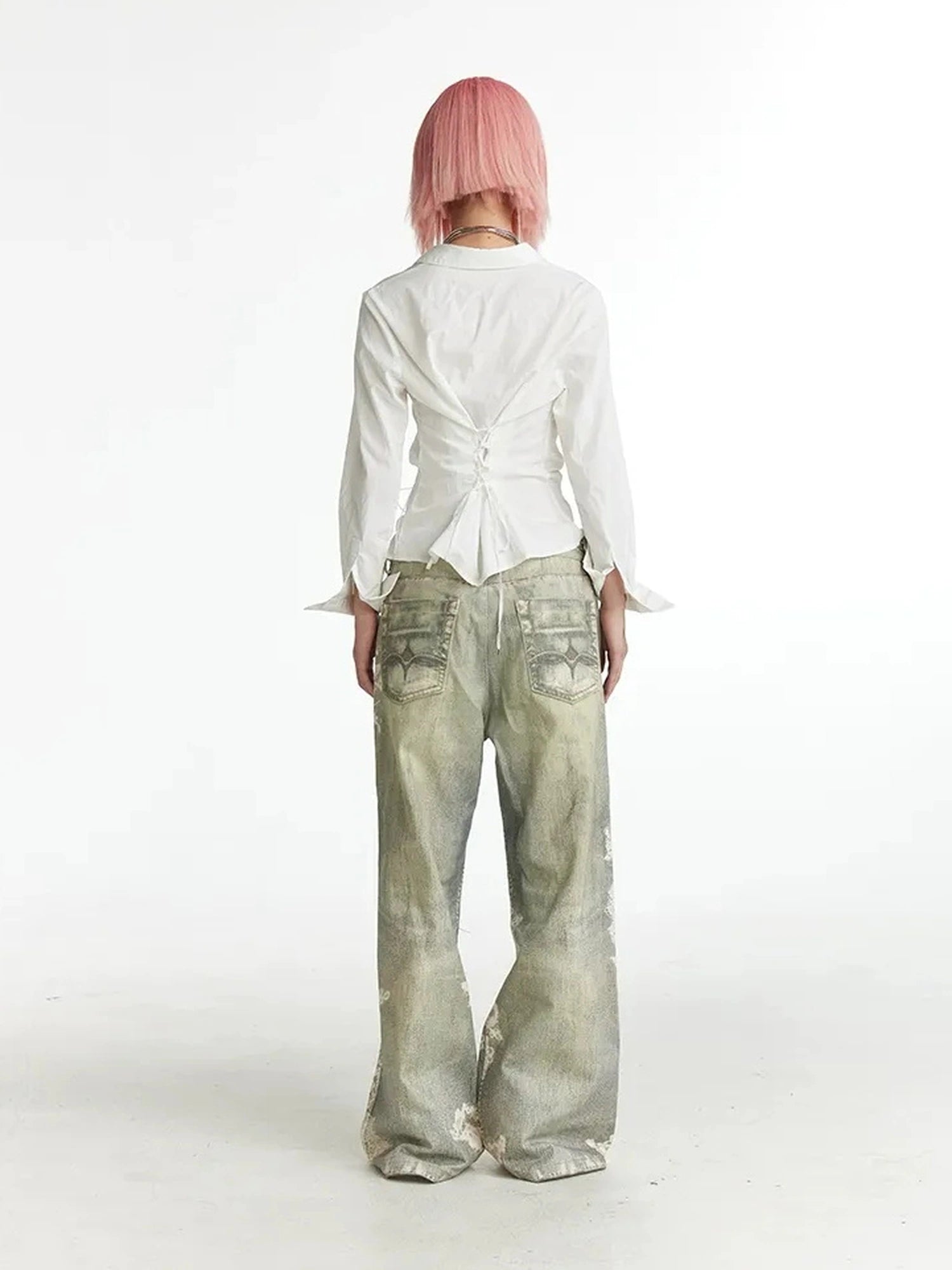 FayChui  Slim Fit Star Embroidery Ruffle Hem Striped Shirt