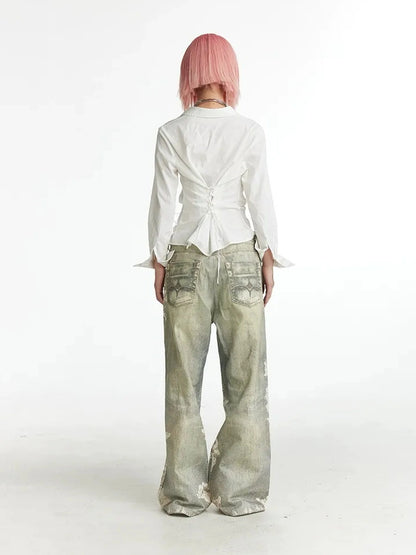 FayChui  Slim Fit Star Embroidery Ruffle Hem Striped Shirt