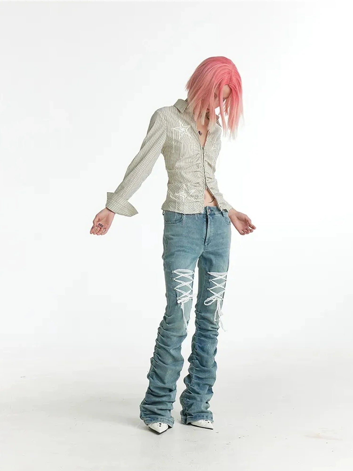 FayChui  Slim Fit Star Embroidery Ruffle Hem Striped Shirt