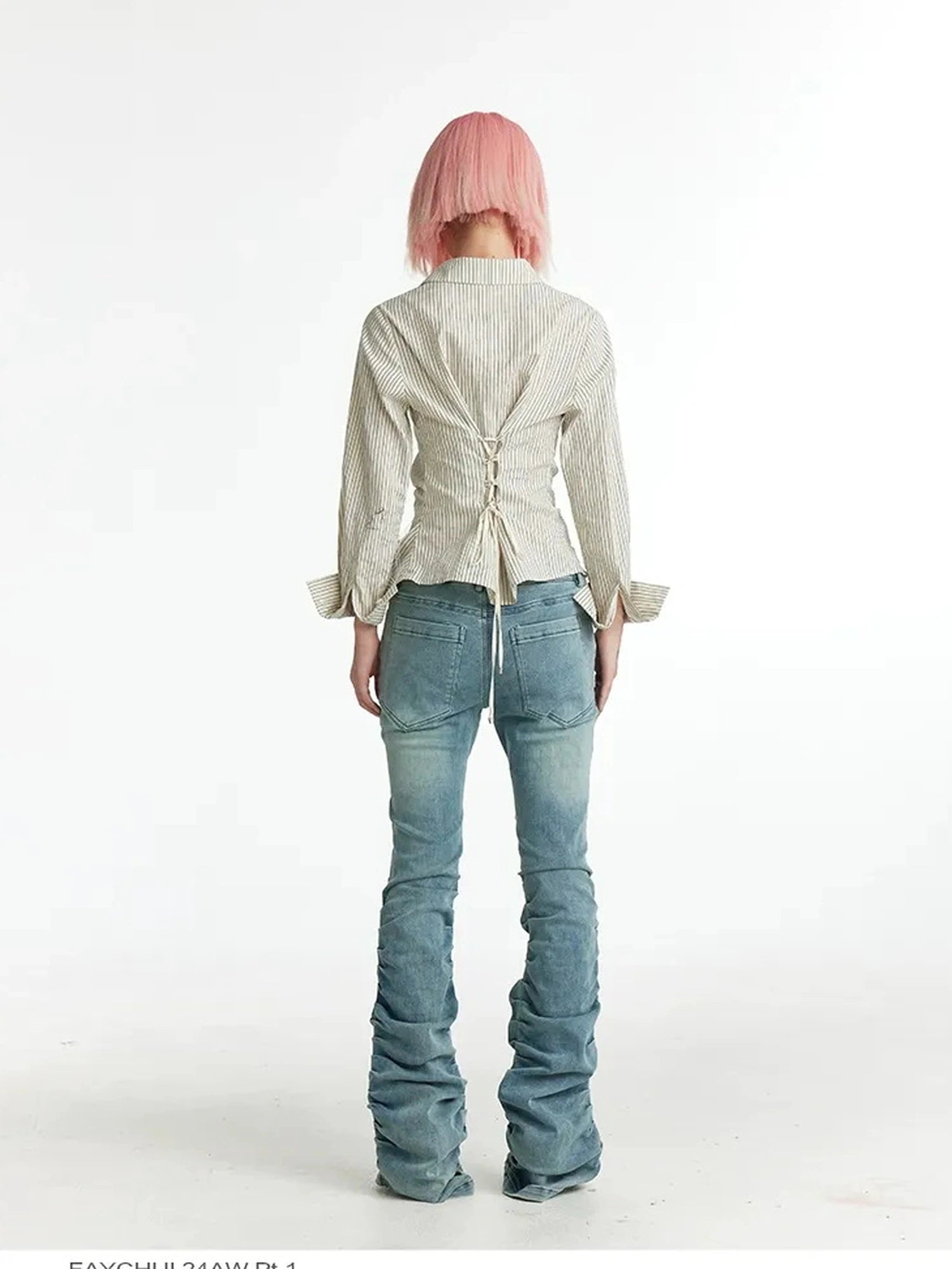 FayChui  Slim Fit Star Embroidery Ruffle Hem Striped Shirt