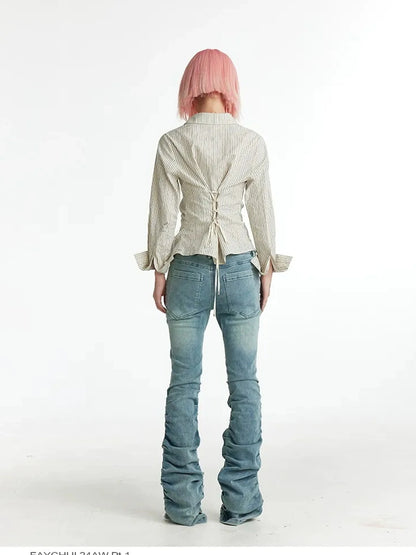 FayChui  Slim Fit Star Embroidery Ruffle Hem Striped Shirt
