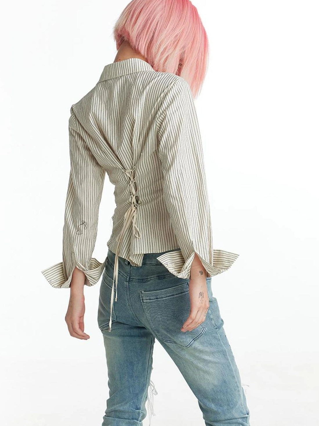 FayChui  Slim Fit Star Embroidery Ruffle Hem Striped Shirt
