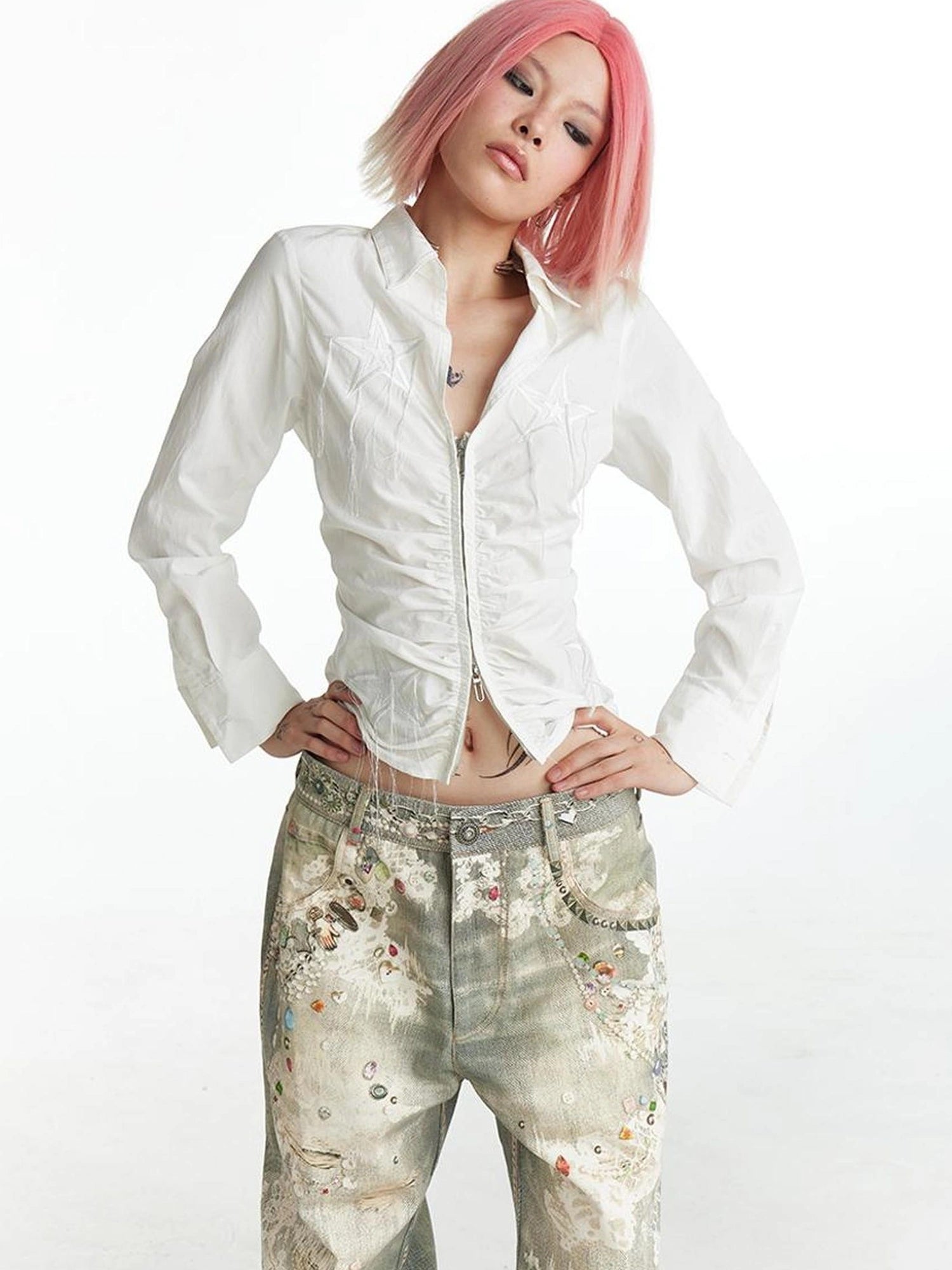 FayChui  Slim Fit Star Embroidery Ruffle Hem Striped Shirt