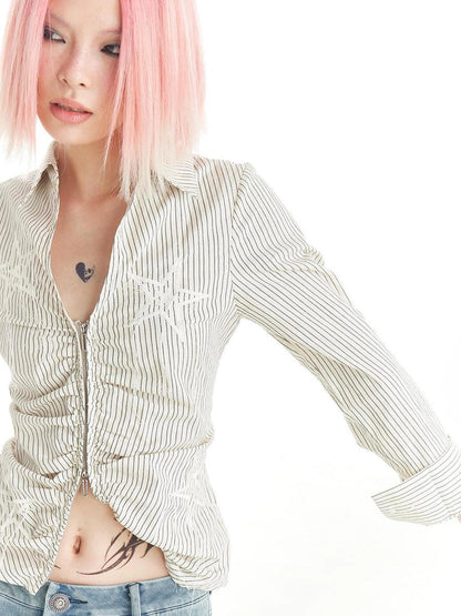 FayChui  Slim Fit Star Embroidery Ruffle Hem Striped Shirt