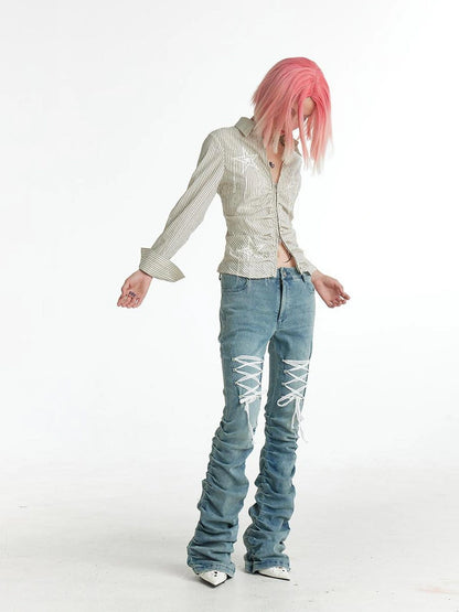 FayChui  Slim Fit Star Embroidery Ruffle Hem Striped Shirt