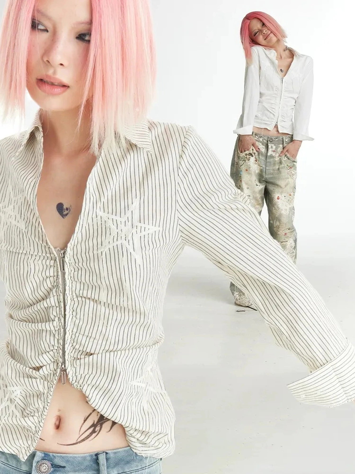 FayChui  Slim Fit Star Embroidery Ruffle Hem Striped Shirt