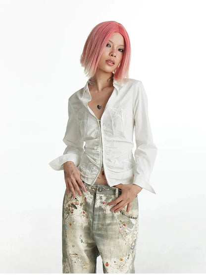 FayChui  Slim Fit Star Embroidery Ruffle Hem Striped Shirt