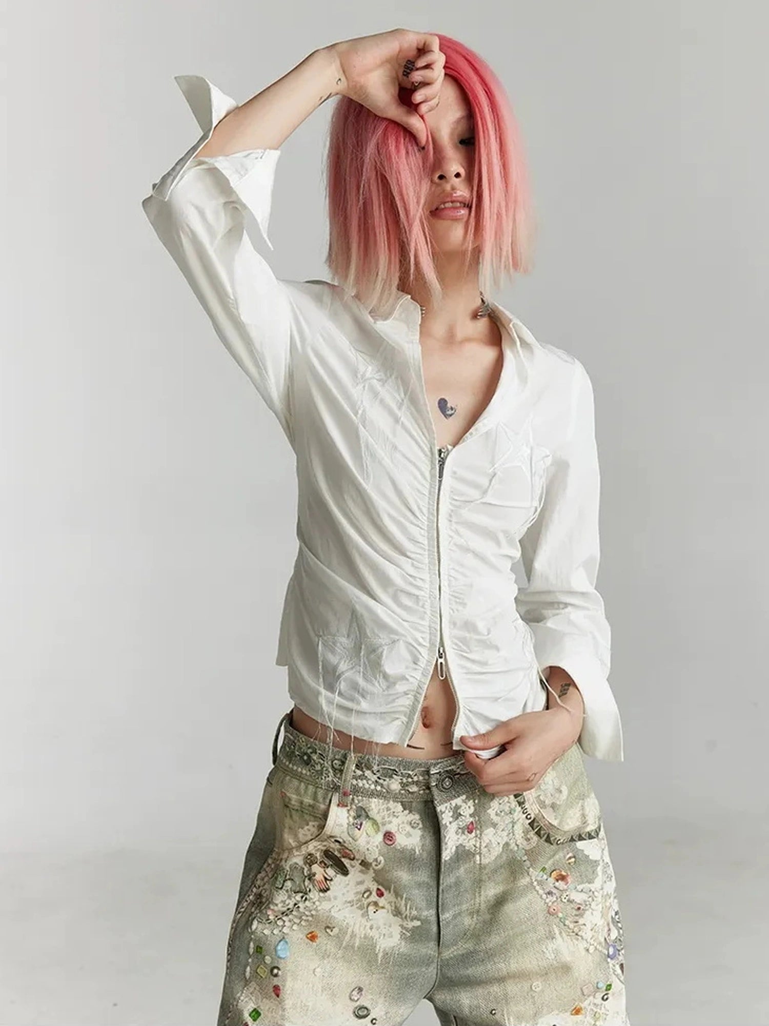 FayChui  Slim Fit Star Embroidery Ruffle Hem Striped Shirt
