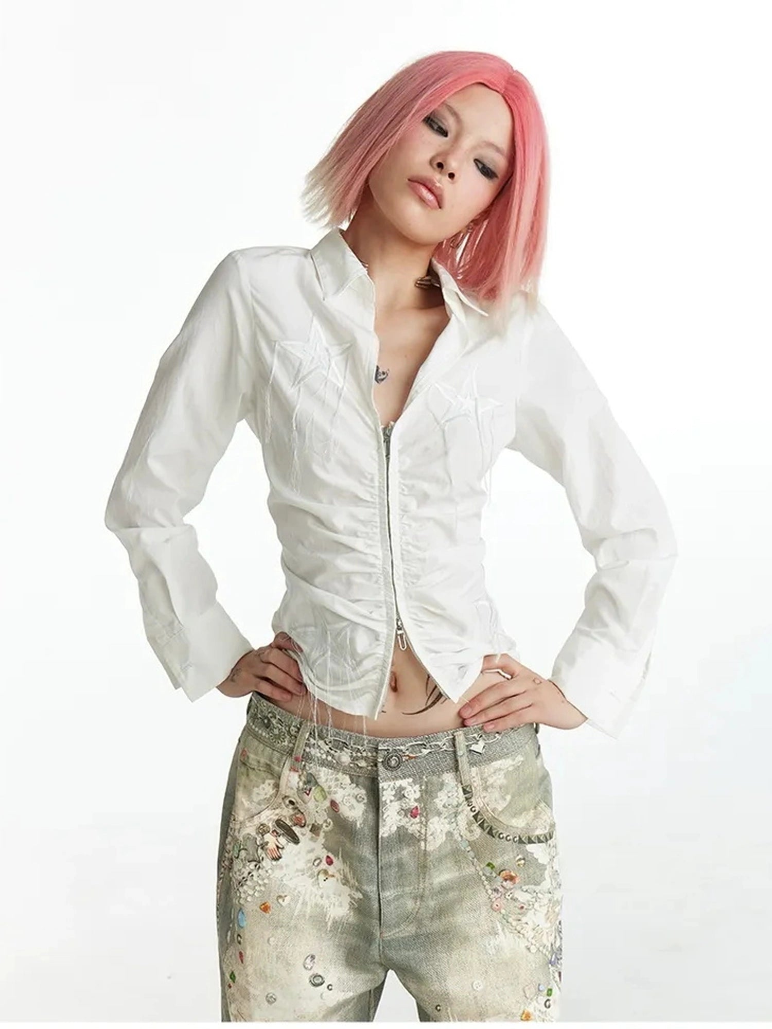 FayChui  Slim Fit Star Embroidery Ruffle Hem Striped Shirt