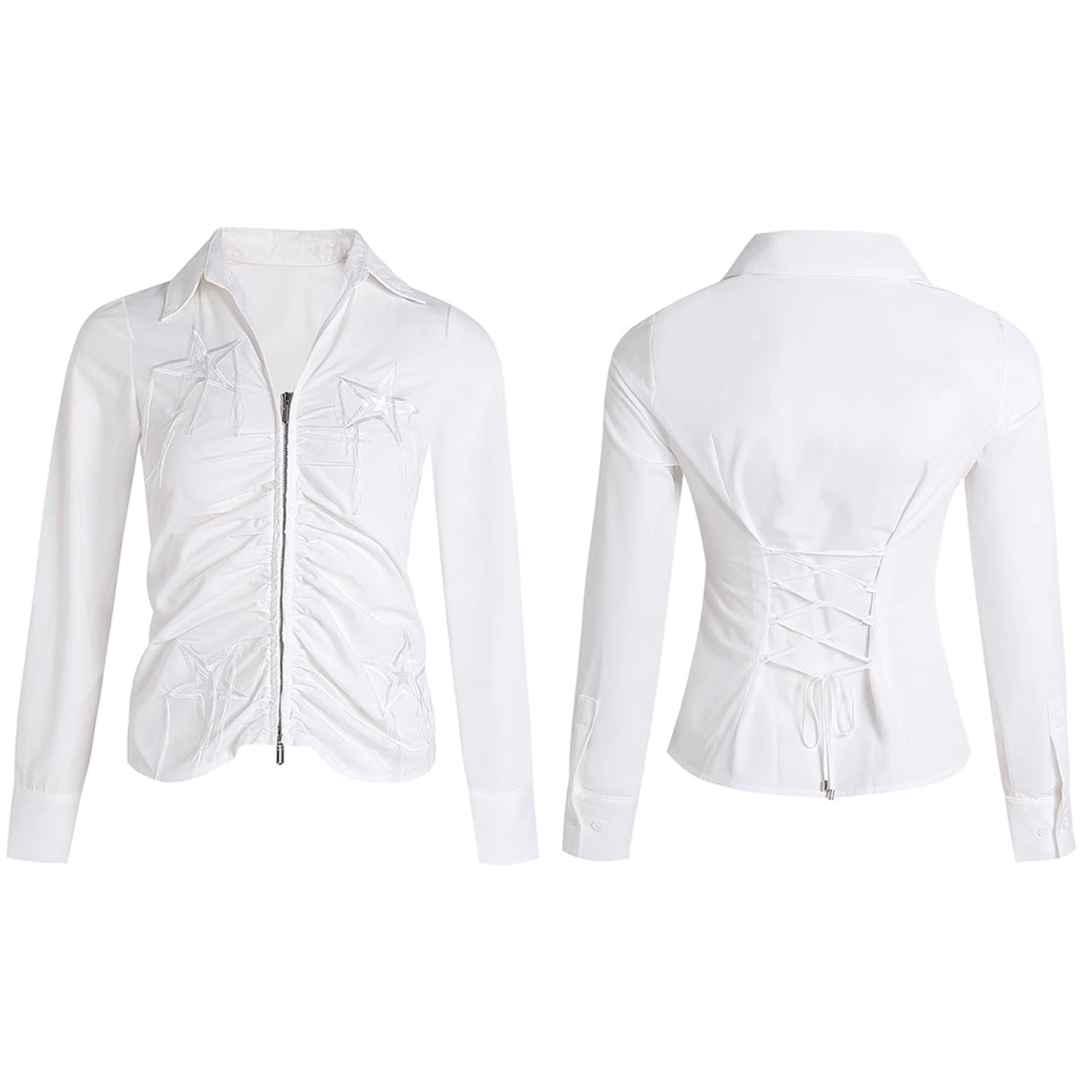 FayChui  Slim Fit Star Embroidery Ruffle Hem Striped Shirt