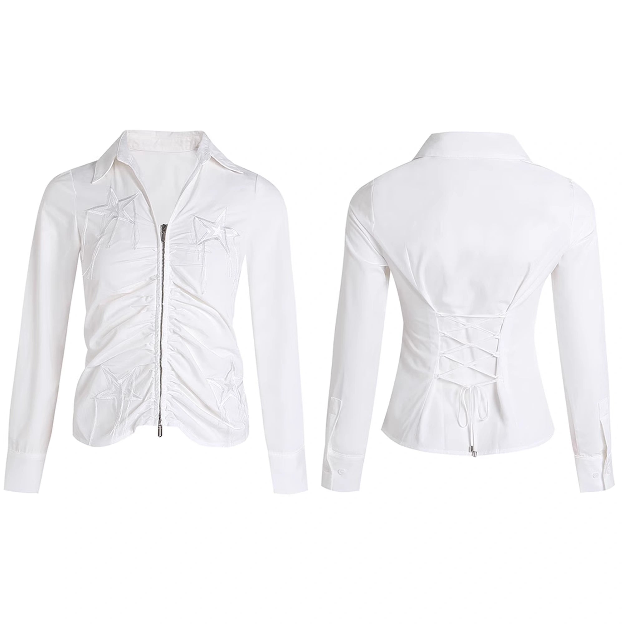 FayChui  Slim Fit Star Embroidery Ruffle Hem Striped Shirt