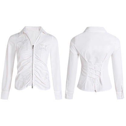 FayChui  Slim Fit Star Embroidery Ruffle Hem Striped Shirt