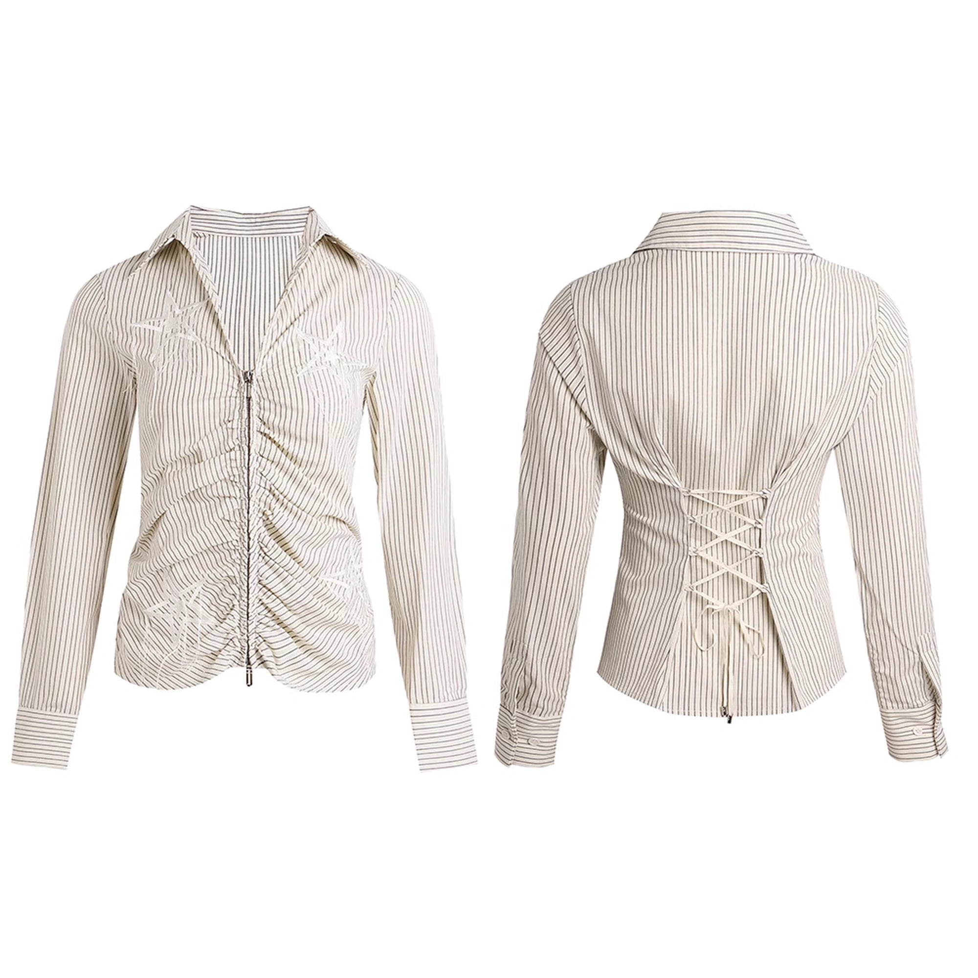 FayChui  Slim Fit Star Embroidery Ruffle Hem Striped Shirt