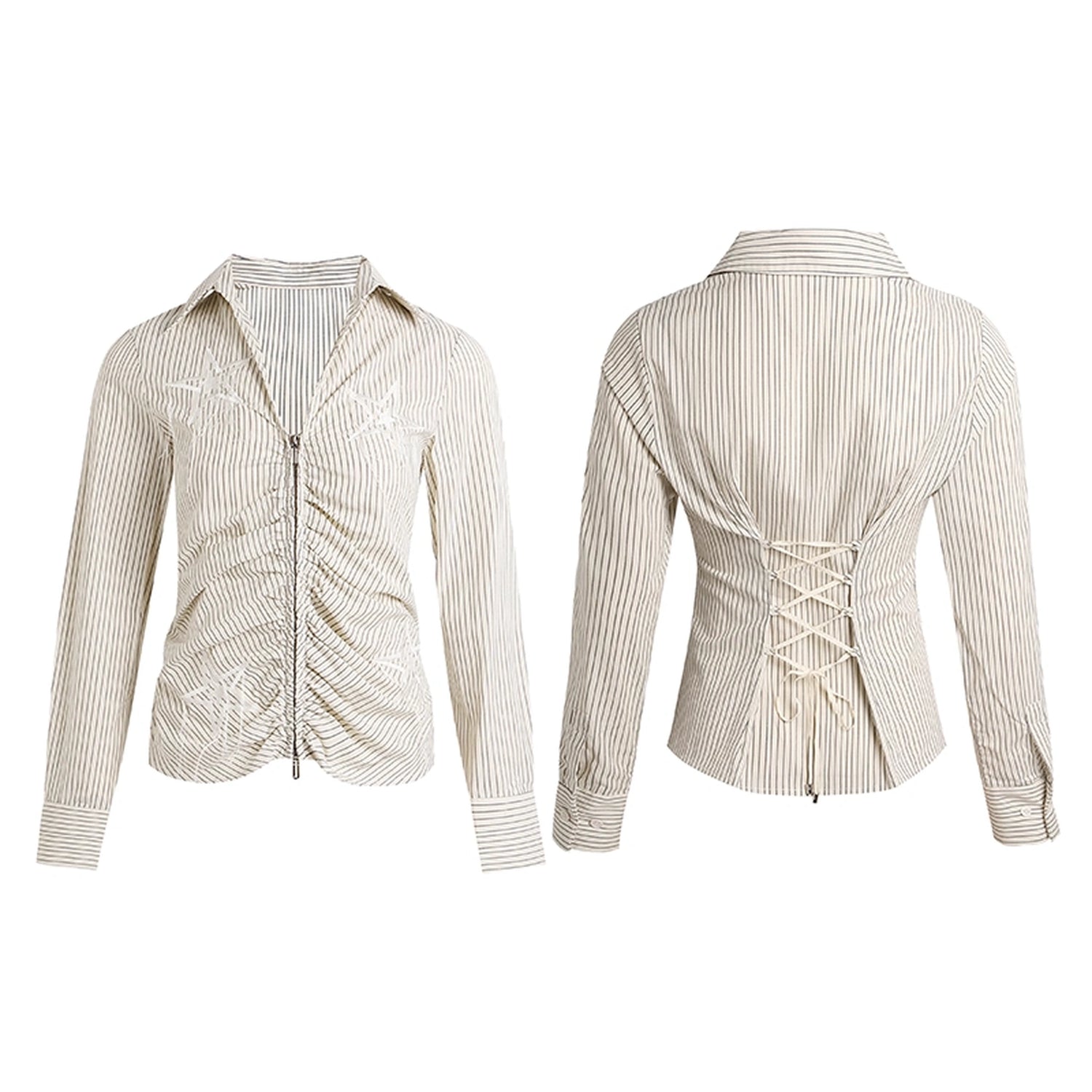 FayChui  Slim Fit Star Embroidery Ruffle Hem Striped Shirt