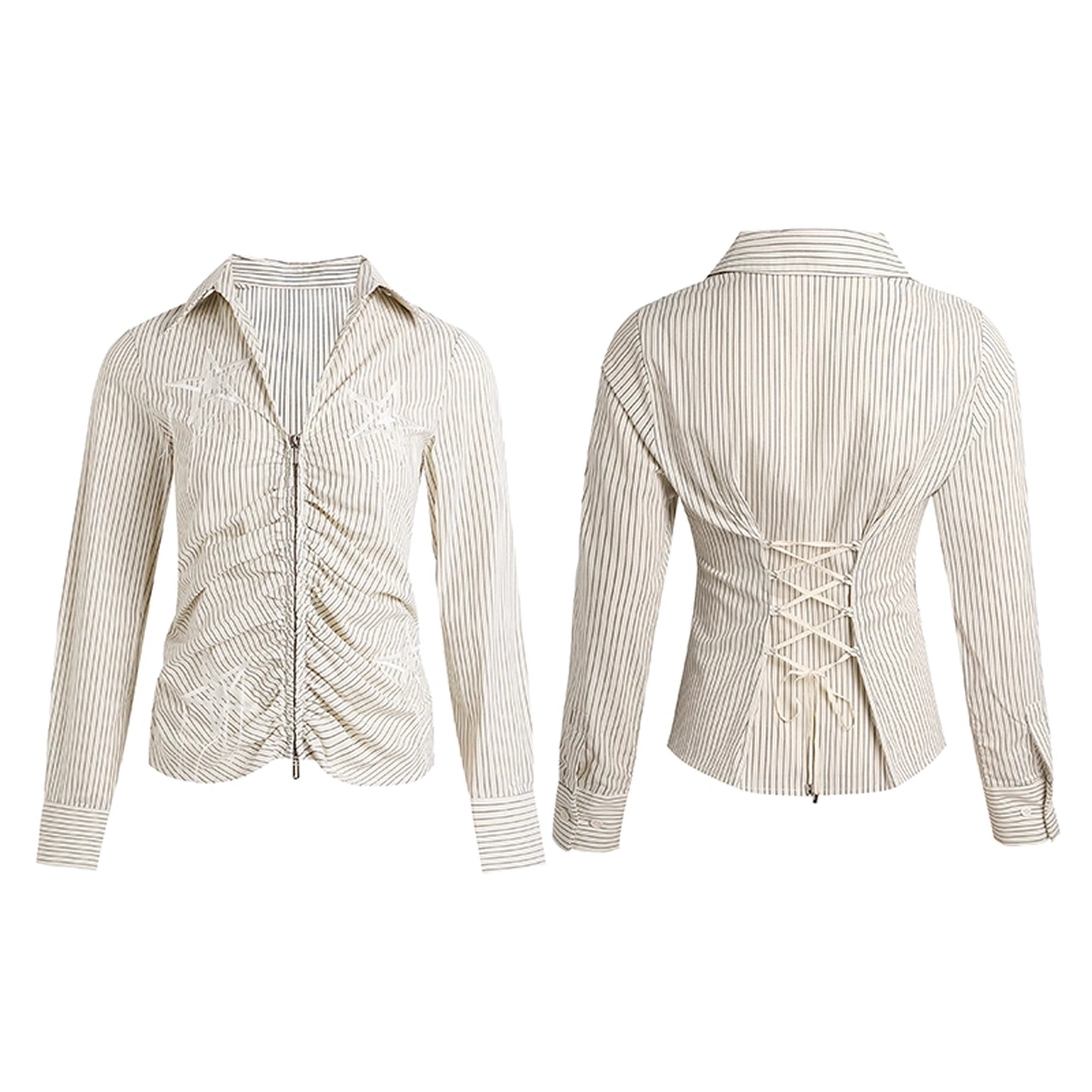 FayChui  Slim Fit Star Embroidery Ruffle Hem Striped Shirt