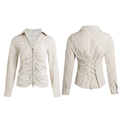 FayChui  Slim Fit Star Embroidery Ruffle Hem Striped Shirt