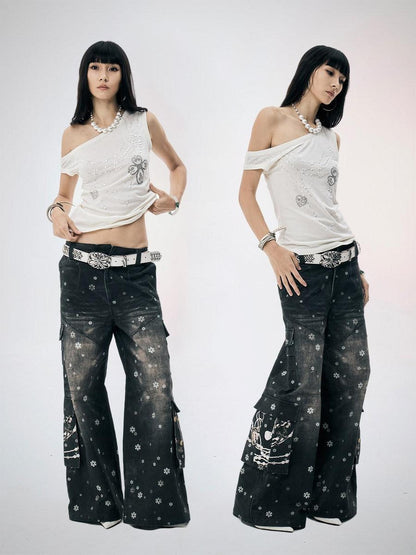 FayChui Snowflake Print Vintage Cargo Loose Women&