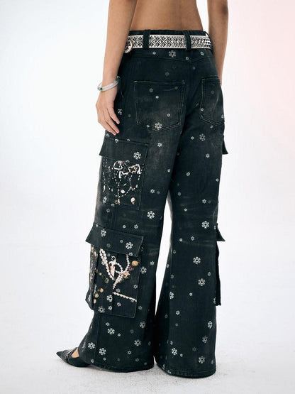 FayChui Snowflake Print Vintage Cargo Loose Women&