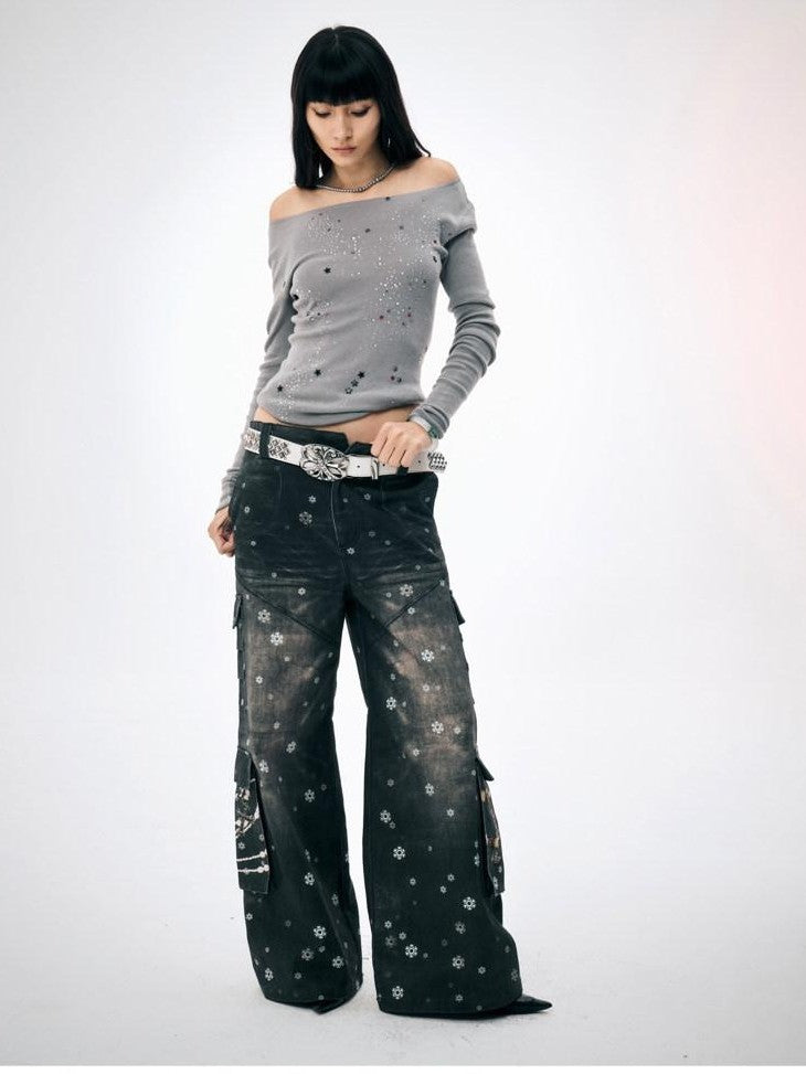 FayChui Snowflake Print Vintage Cargo Loose Women&