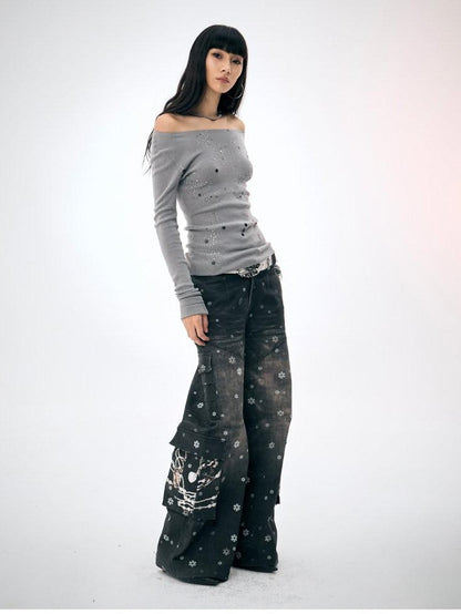 FayChui Snowflake Print Vintage Cargo Loose Women&