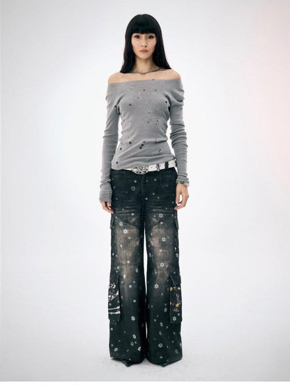 FayChui Snowflake Print Vintage Cargo Loose Women&
