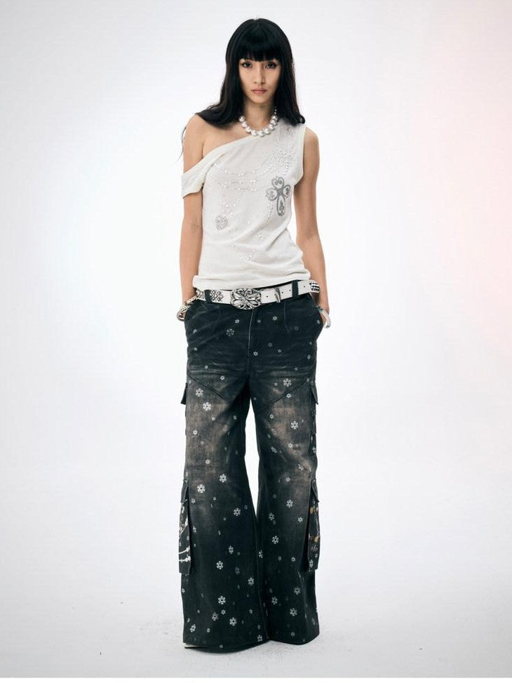 FayChui Snowflake Print Vintage Cargo Loose Women&