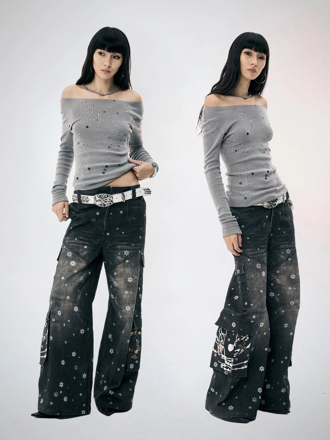FayChui  Snowflake Print Wide Leg Cargo Pants