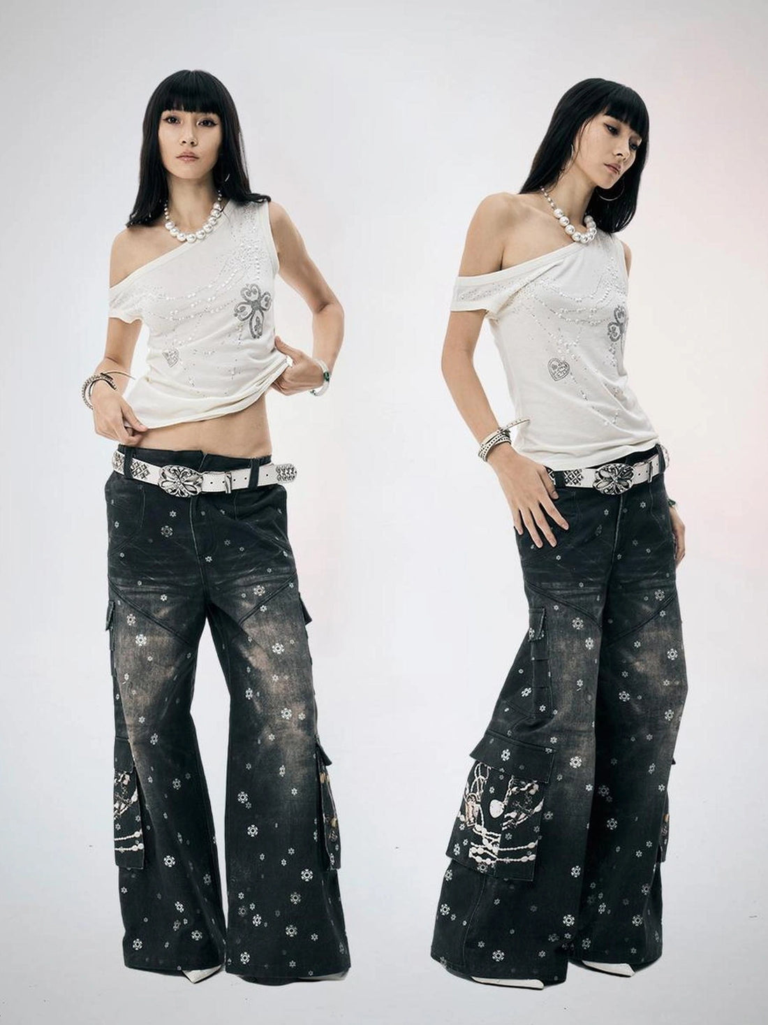 FayChui  Snowflake Print Wide Leg Cargo Pants