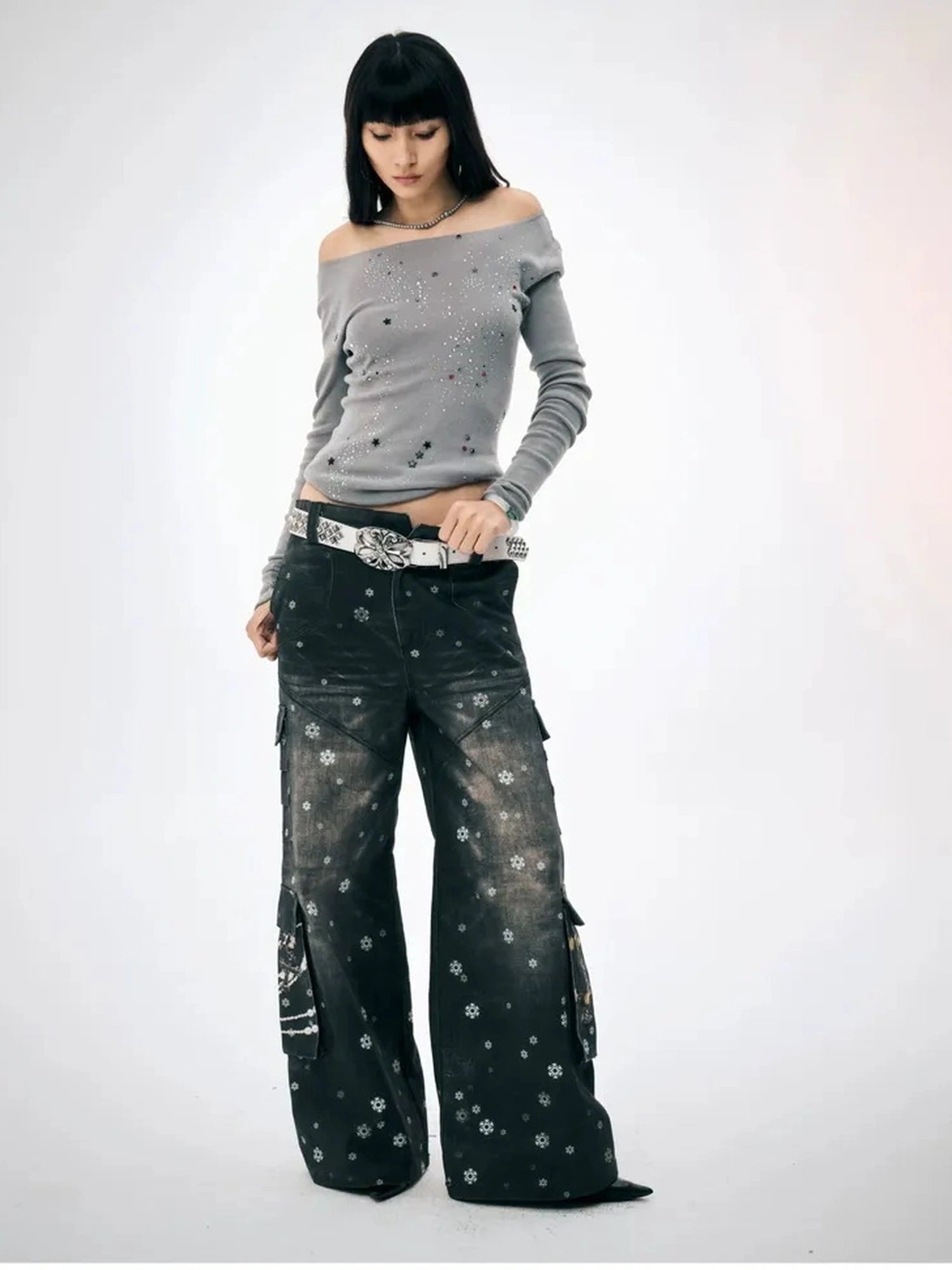 FayChui  Snowflake Print Wide Leg Cargo Pants