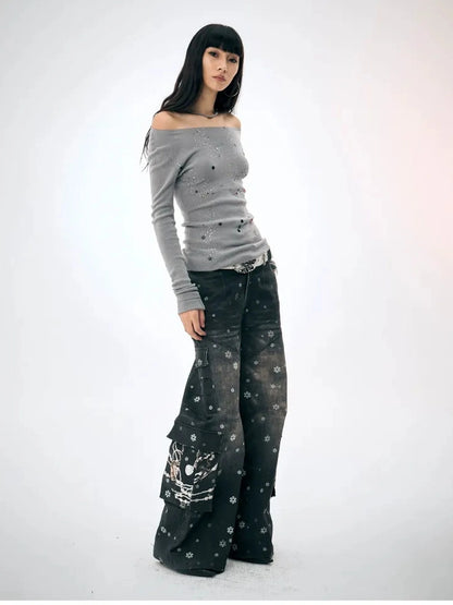 FayChui  Snowflake Print Wide Leg Cargo Pants