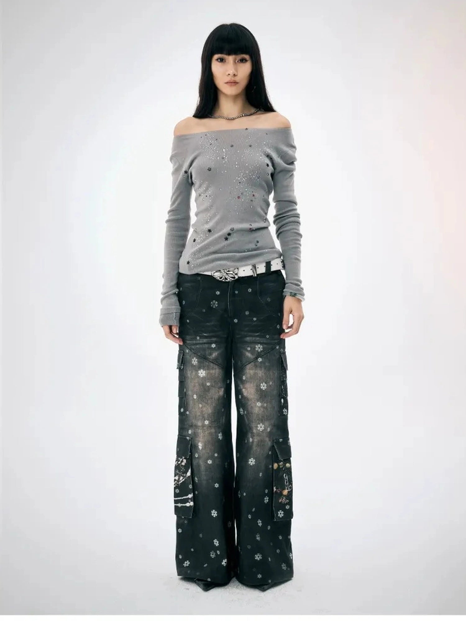 FayChui  Snowflake Print Wide Leg Cargo Pants