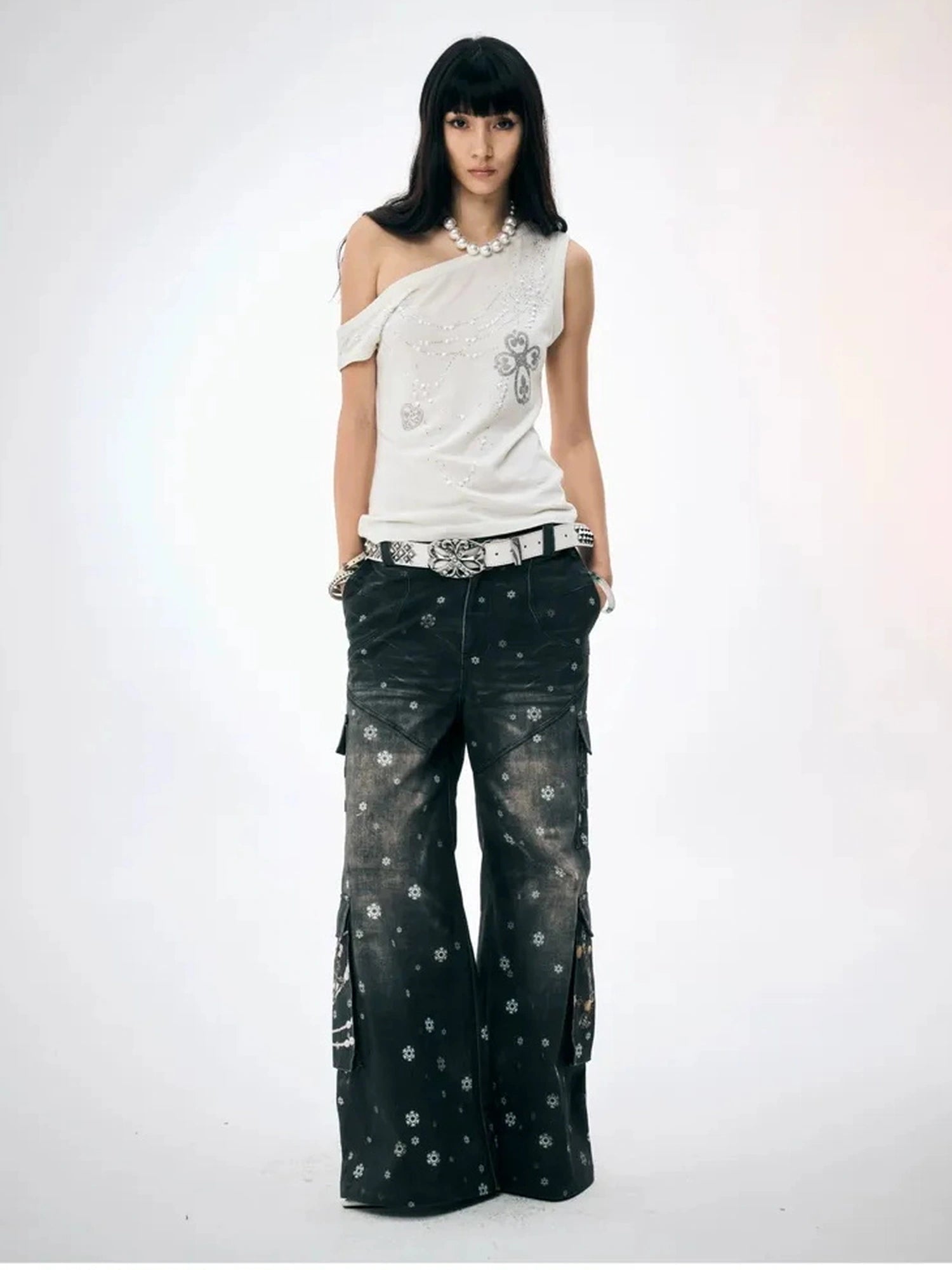 FayChui  Snowflake Print Wide Leg Cargo Pants